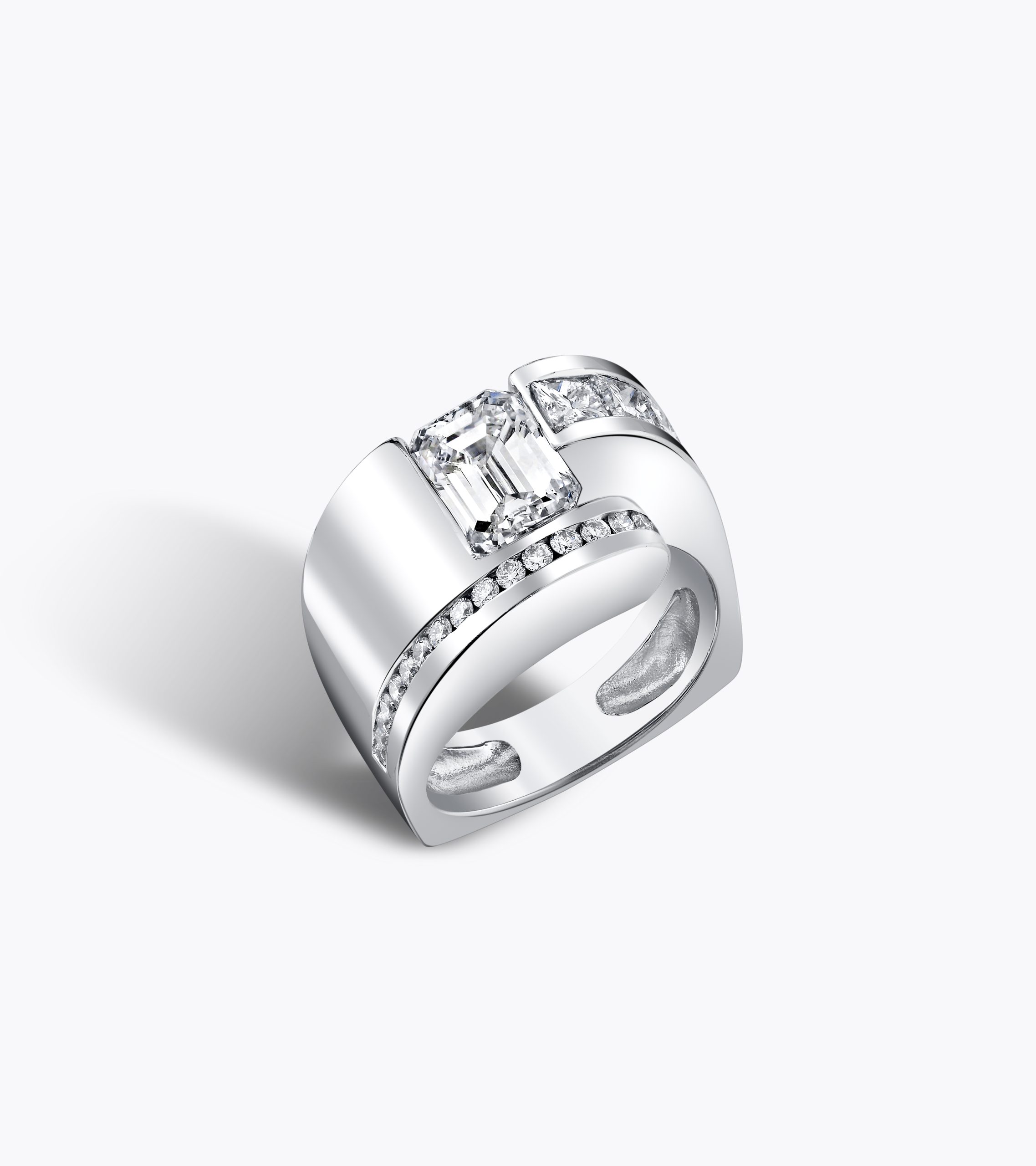 a silver ring with diamonds